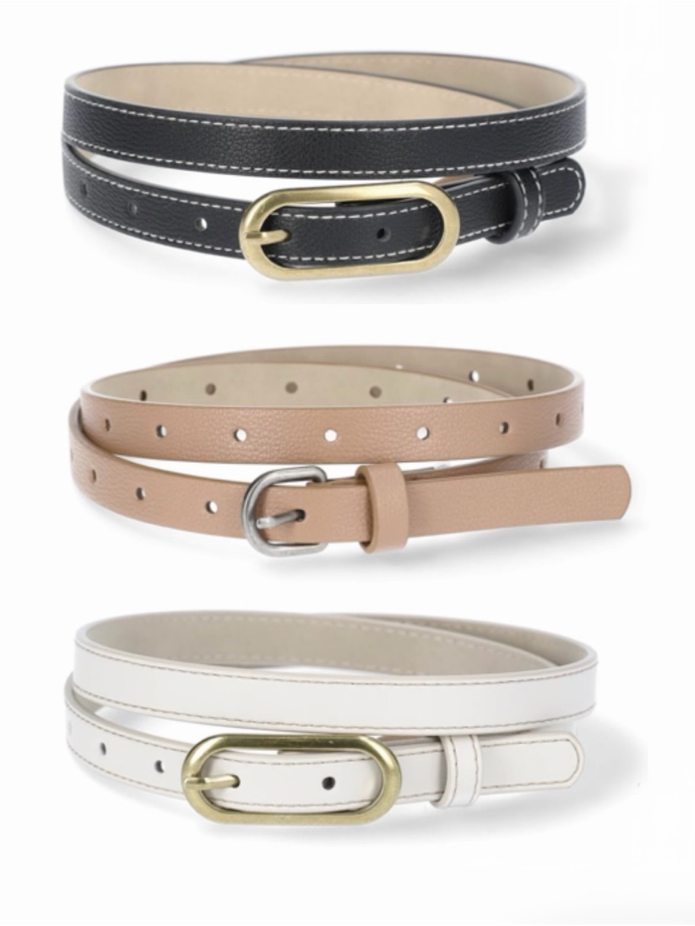 Skinny Buckle Belt Trio – 3-Pack, Ivory/Caramel/Black